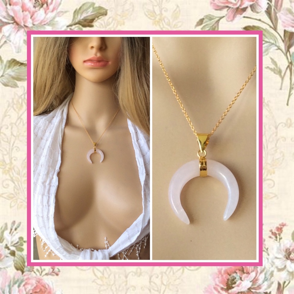 🌸ROSE QUARTZ CRESCENT MOON GOLD 16" NECKLACE BOHO